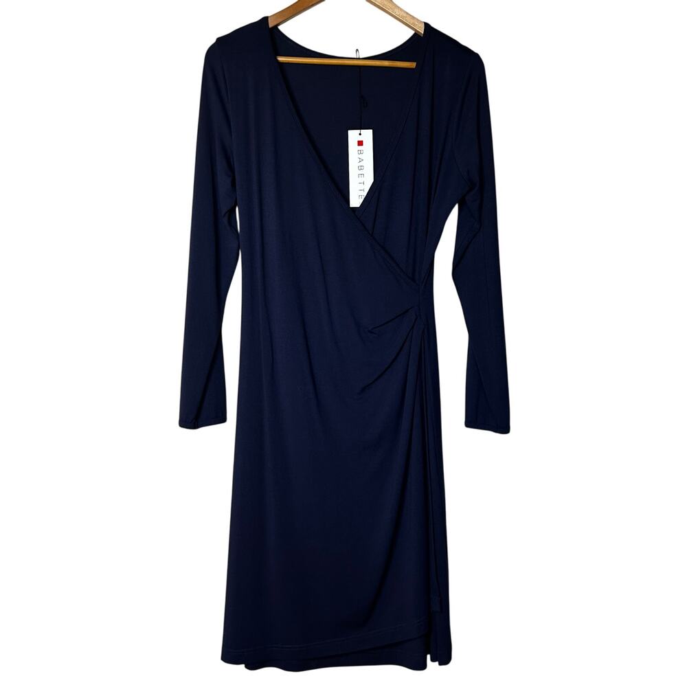 Babette NWT Dress Size S Faux Wrap Rayon Knit Navy Long Sleeve Minimalist Career
